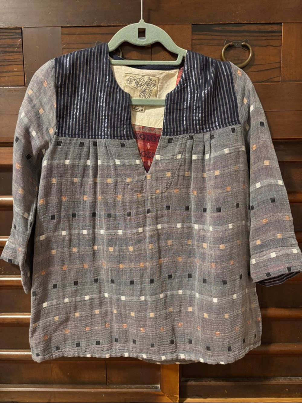Ace & Jig Gray Cotton Tunic with Navy Yoke and Subtle Peach Accents